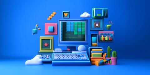 This image shows the idea of creating software or games using computer code. It uses 3D symbols and windows to represent the process of programming. It's about the world of computers and technology.