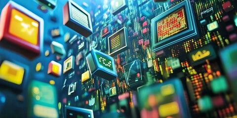 This image shows the idea of creating software or games using computer code. It uses 3D symbols and windows to represent the process of programming. It's about the world of computers and technology.