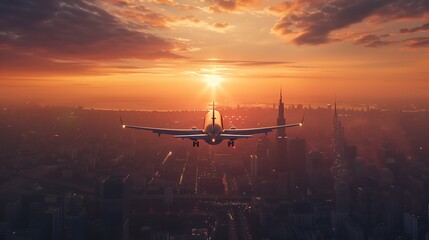 Canvas Print - A plane flying towards a sunset over a city skyline, showcasing travel and adventure.