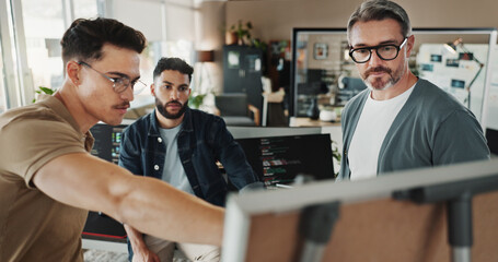 Leinwandbilder - Programmer, planning and presentation with business people in office for website developer, coding bootcamp and review. Mentor, collaboration and software engineer with employees in tech startup