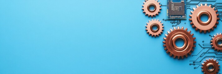 Fototapete - This layout features copper gears surrounding a microprocessor against a lively blue backdrop, highlighting mechanical innovation. Generative AI