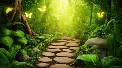 Fototapete - Serene Forest Pathway with Butterflies