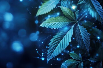 Aufkleber - Close-up of Cannabis Leaves with a Glowing, Abstract Network Pattern