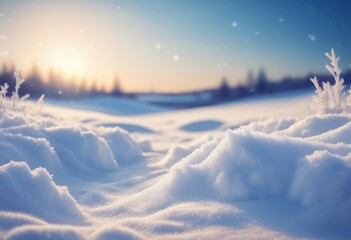 Wall Mural - Winter snow background with snowdrifts, with beautiful light and snow flakes on the blue sky in the evening, banner format, copy space - generative ai