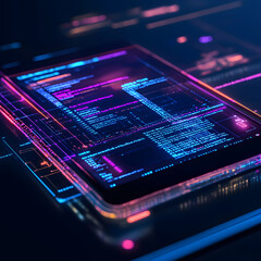 a vibrant digital interface displaying colorful code on a futuristic tablet, conveying themes of tec