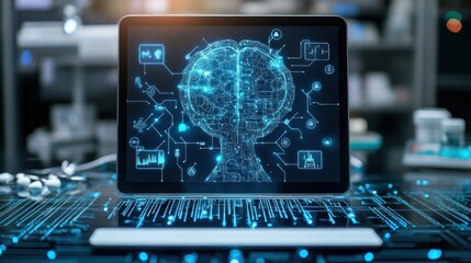 Poster - A Laptop Screen Depicting a Digital Brain with Circuitry