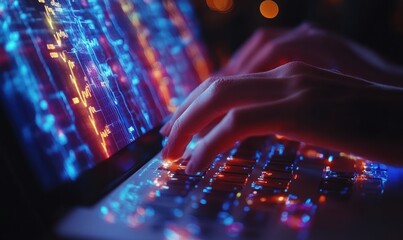 Poster - Hands Typing on Laptop with Neon Lights and Data Display