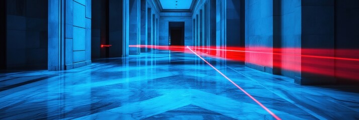 Poster - A series of red laser beams crisscross a sleek, illuminated hallway, creating a high-tech security barrier in a contemporary space. Generative AI