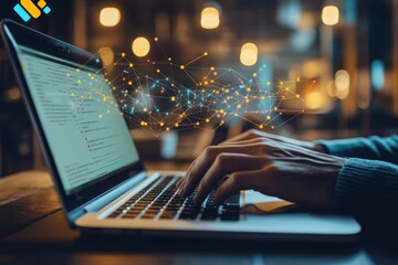 Aufkleber - Hands Typing on a Laptop with a Network of Lights Above