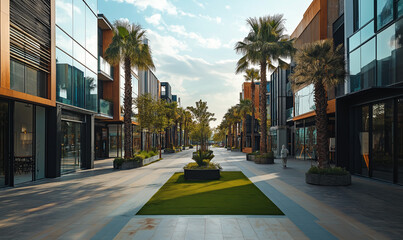 Sticker - Smart city street framed by tech-inspired glass panels and artificial turf planters enhancing modern urban design