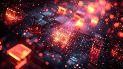 Aufkleber - Glowing Red Cubes on a Digital Circuit Board