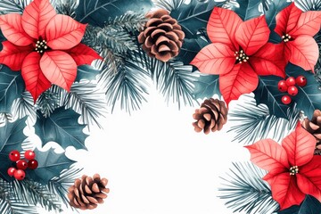 Poster - Watercolor Christmas Border with Poinsettia, Pine, Holly, and Pinecones