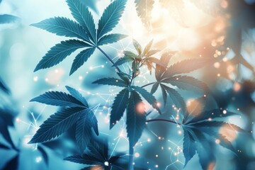 Aufkleber - Abstract Cannabis Plant with Network Connections and Glowing Lights