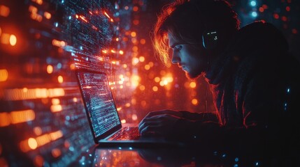 Poster - A Hacker Working On a Laptop With a Glowing Screen in a Dark Room