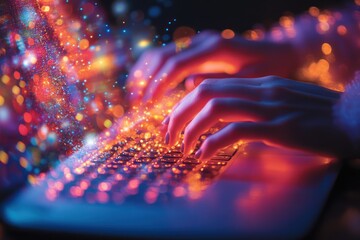 Aufkleber - Hands Typing on a Laptop Keyboard with Colorful Bokeh Lights