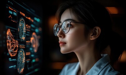 Fototapete - A Woman in Glasses Looks Intently at a Computer Screen Displaying Intricate Data Visualizations