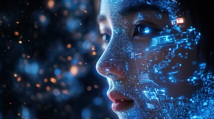 Aufkleber - A Woman's Face Overlaid with a Blue Circuit Board Pattern