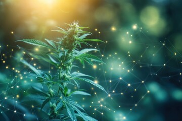 Aufkleber - Cannabis Plant with Abstract Network and Glowing Points