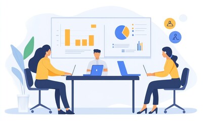 Aufkleber - Three People Working on Laptops at a Desk with Data Charts