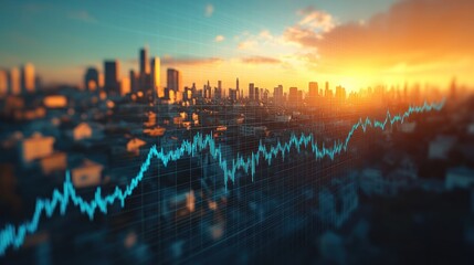 Poster - Skyline with a rising blue line graph and an orange sunset in the background