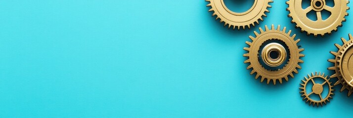 Fototapete - A collection of golden gears and a microprocessor displayed on a turquoise surface highlights engineering and design elements. Generative AI