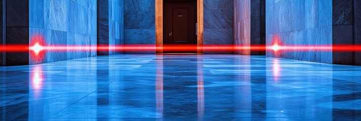 Poster - In a dimly lit corridor, red laser beams crisscross the floor, creating an intricate security system to detect intruders in the facility. Generative AI