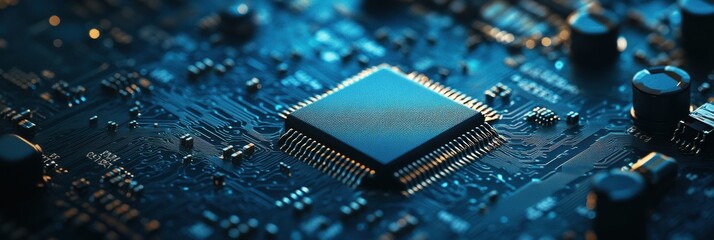Fototapete - A complex arrangement of gears interacts with a microprocessor on a detailed circuit board under soft lighting, highlighting technology. Generative AI