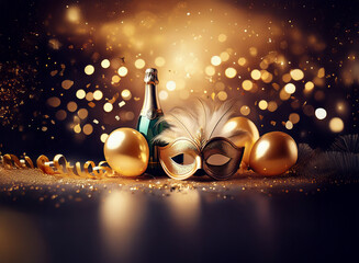 Aufkleber - A celebratory scene with a champagne bottle, masquerade mask, and golden balloons, all set against a glittering backdrop.