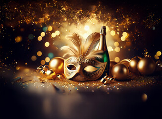 Aufkleber - A golden masquerade mask rests on a table with a bottle of champagne and gold baubles, surrounded by shimmering lights and confetti.