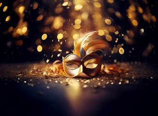 Aufkleber - A gold masquerade mask lies on a dark surface with shimmering gold confetti and a bokeh background of gold lights.