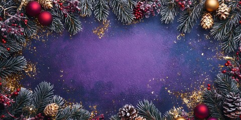 Canvas Print - Festive Holiday Decoration Featuring Pine Branches, Ornaments, and Glitter on a Vibrant Purple Background Capturing the Spirit of Winter Celebrations