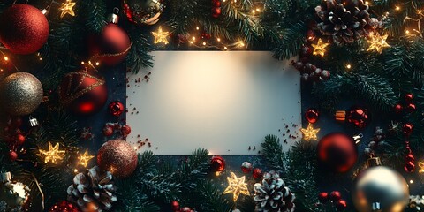 Wall Mural - Festive Holiday Decoration Featuring a Blank Card Surrounded by Ornaments, Pinecones, and Twinkling Lights for a Seasonal Celebration