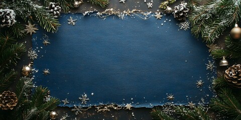 Canvas Print - A Winter-Themed Flat Lay Featuring a Blue Background Surrounded by Pine Branches, Gold Ornaments, Snowflakes, and Festive Decorations, Capturing the Essence of the Holiday Season