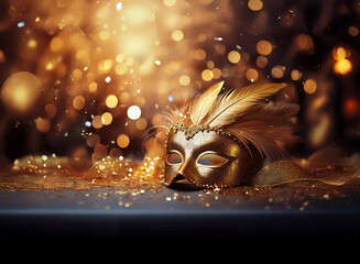 Aufkleber - A gold masquerade mask with feathers and a ribbon rests on a dark surface with a blurred background of golden bokeh.