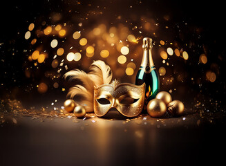 Aufkleber - A golden masquerade mask with feathers sits next to a bottle of champagne and golden ornaments, with a bokeh background of twinkling lights.