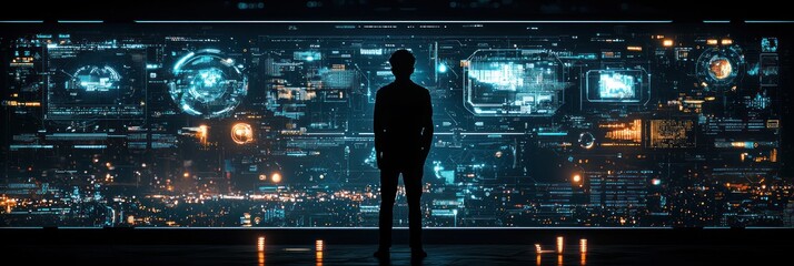 Fototapete - Silhouette of a Person Standing Before a Futuristic Digital Interface