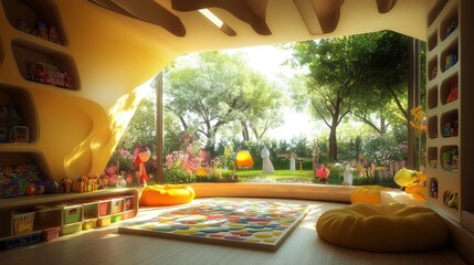 Aufkleber - A bright, playful room with toys and a view of a lush garden.