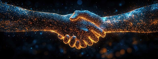 Fototapete - Digital Handshake with Glowing Lines and Particles
