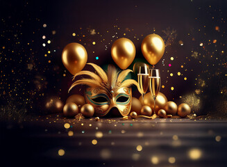 Aufkleber - A masquerade mask, two champagne flutes, and golden balloons rest on a dark wood surface with glittering confetti.