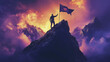 © Mathieu - Man Standing on Mountain Peak Holding Flag Against Dramatic Sky