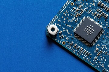 Fototapete - A close-up view reveals gears and a microprocessor integrated into a blue circuit board in an electronics development environment. Generative AI