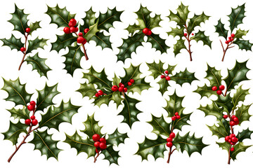 Wall Mural - set of christmas holly leaves and berries for decoration design