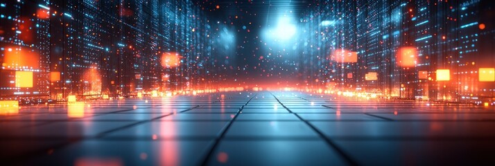 Poster - Abstract Futuristic Cityscape with Glowing Lights and a Tiled Floor