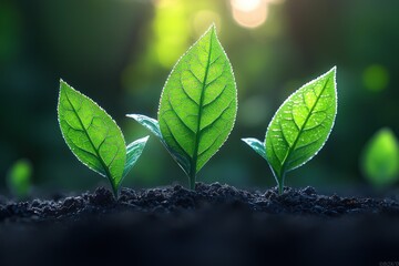 Poster - Three Green Shoots Emerging from Dark Soil in Sunlight