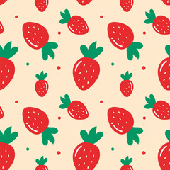 Wall Mural - Strawberry seamless pattern.Repeat pattern with fresh fruit red strawberries and green leaf isolated on background.Vector graphic illustration wallpaper.