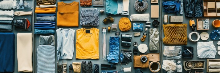 Fototapete - Various colorful recycled and upcycled materials are arranged in an organized layout, showcasing creativity and resourcefulness. Generative AI