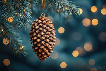 Poster - A Golden Pine Cone Ornament Hanging From a Christmas Tree Branch