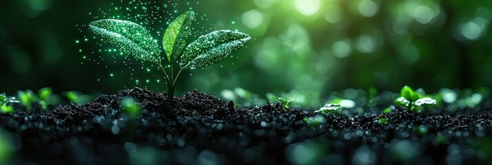 Leinwandbilder - A Single Sapling Emerging from Dark Soil with Glowing Green Particles