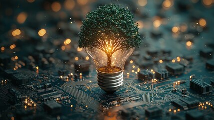 Aufkleber - A glowing light bulb with a green tree inside, sitting on a circuit board.