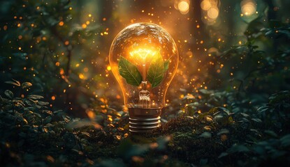 Leinwandbilder - A glowing light bulb with leaves inside, surrounded by foliage and bokeh lights
